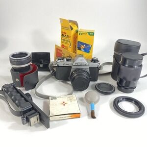 Asahi Pentax K1000 Camera Lot 50mm Lenses, Filters Accessories TESTED WORKS